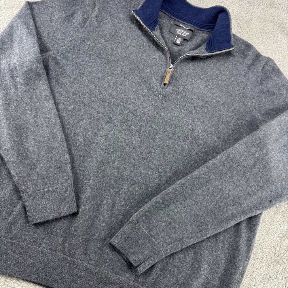 Nordstrom Quarter Zip Mens XL Gray 100% Italian Merino Wool Sweater Fair Hole